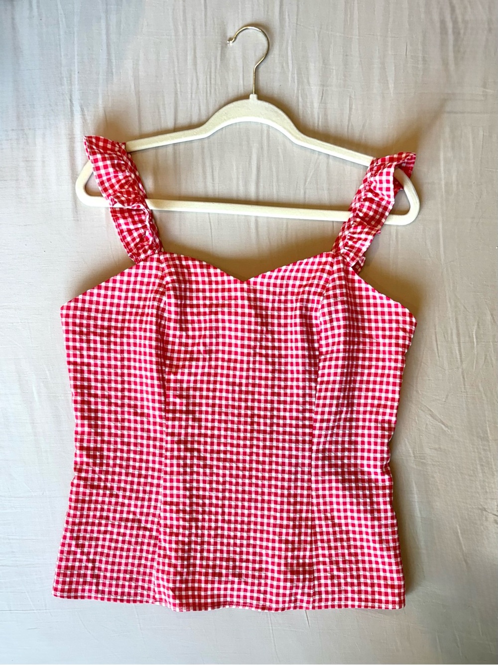Red Gingham Ruffle-Strap Tank Top